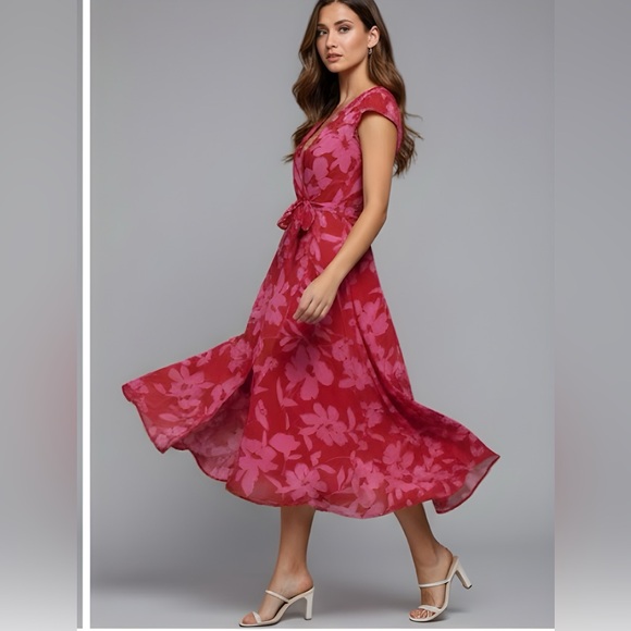 Red Floral Print Wrap Hem Belted Dress - Picture 3 of 10